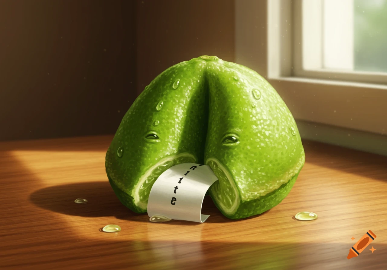A vibrant green lime, shaped like a fortune cookie, sits on a wooden table with water droplets, a paper scroll with garbled text emerging from its center.