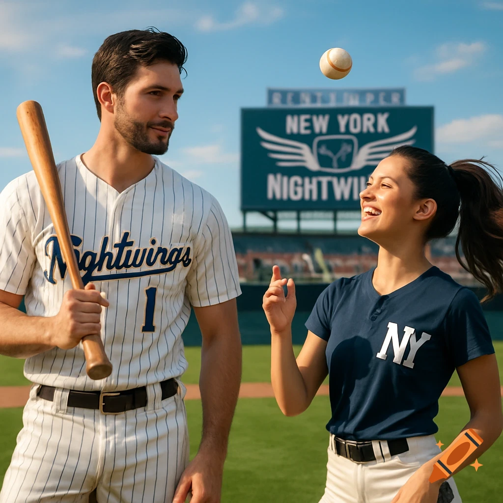 A male baseball player holds a bat next to a smiling female player tossing a baseball, on a field with a scoreboard. Photorealistic.