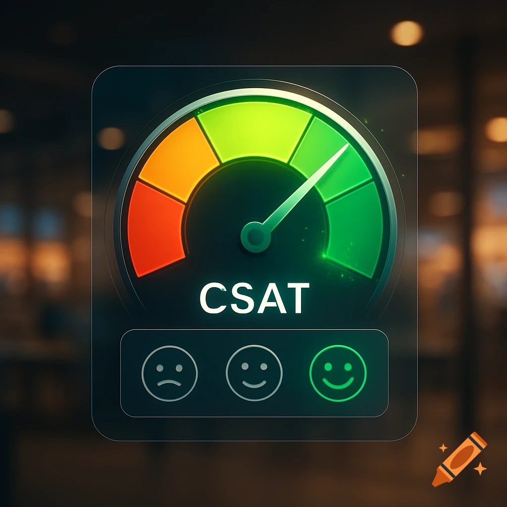 Digital CSAT gauge showing high satisfaction with a green happy emoji, in a sleek style.