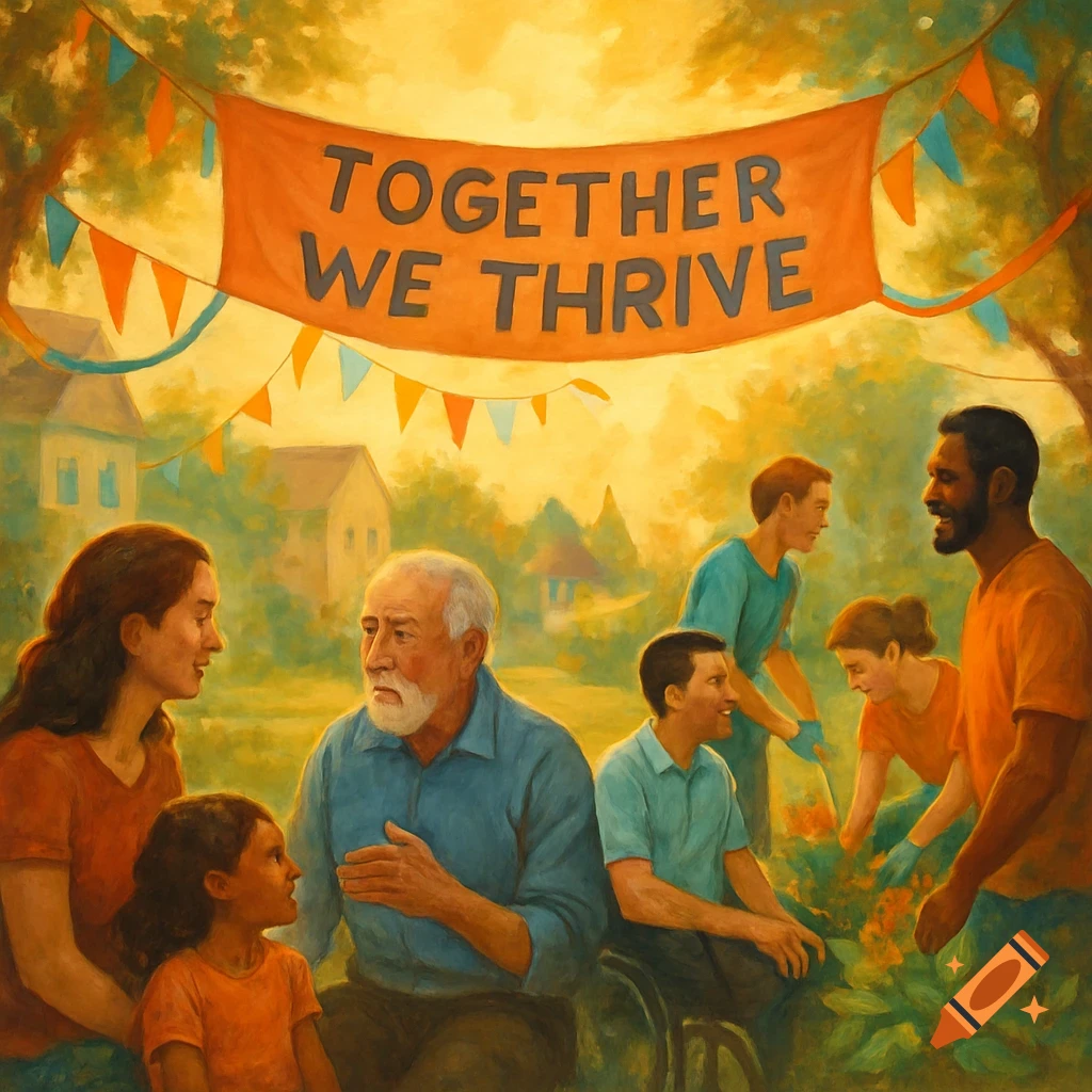 Diverse people in a painterly community garden scene, with a banner reading 'TOGETHER WE THRIVE'.
