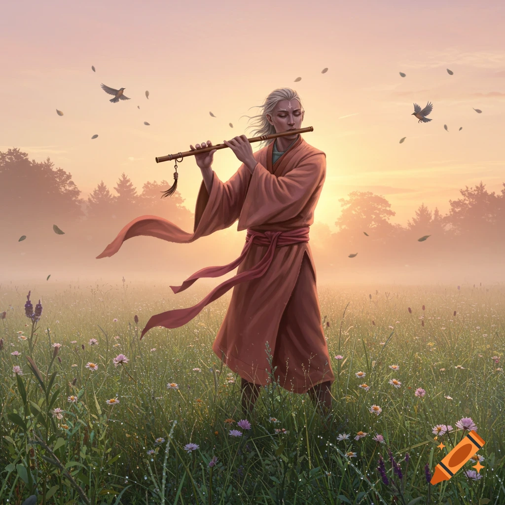 A serene, fair-haired figure plays a flute in a misty wildflower field at sunset, with birds and falling leaves in the golden sky.