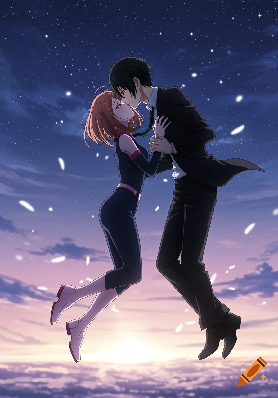 An anime couple floats and kisses under a starry night sky with a colorful horizon below.