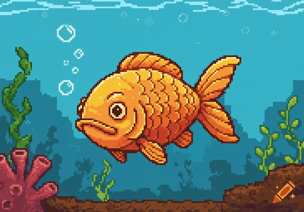 A vibrant orange goldfish swims in a pixel art underwater scene with plants and bubbles.