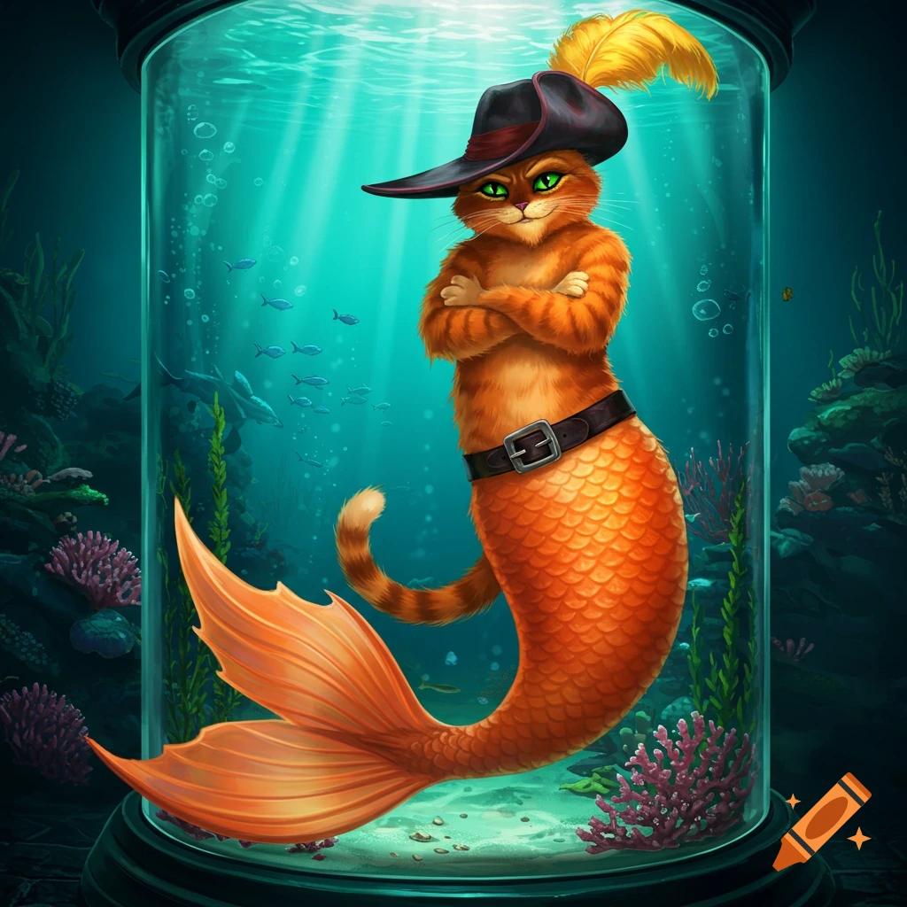 Puss in Boots with an orange mermaid tail, arms crossed, posing confidently inside a large cylindrical glass tank underwater with fish and coral.