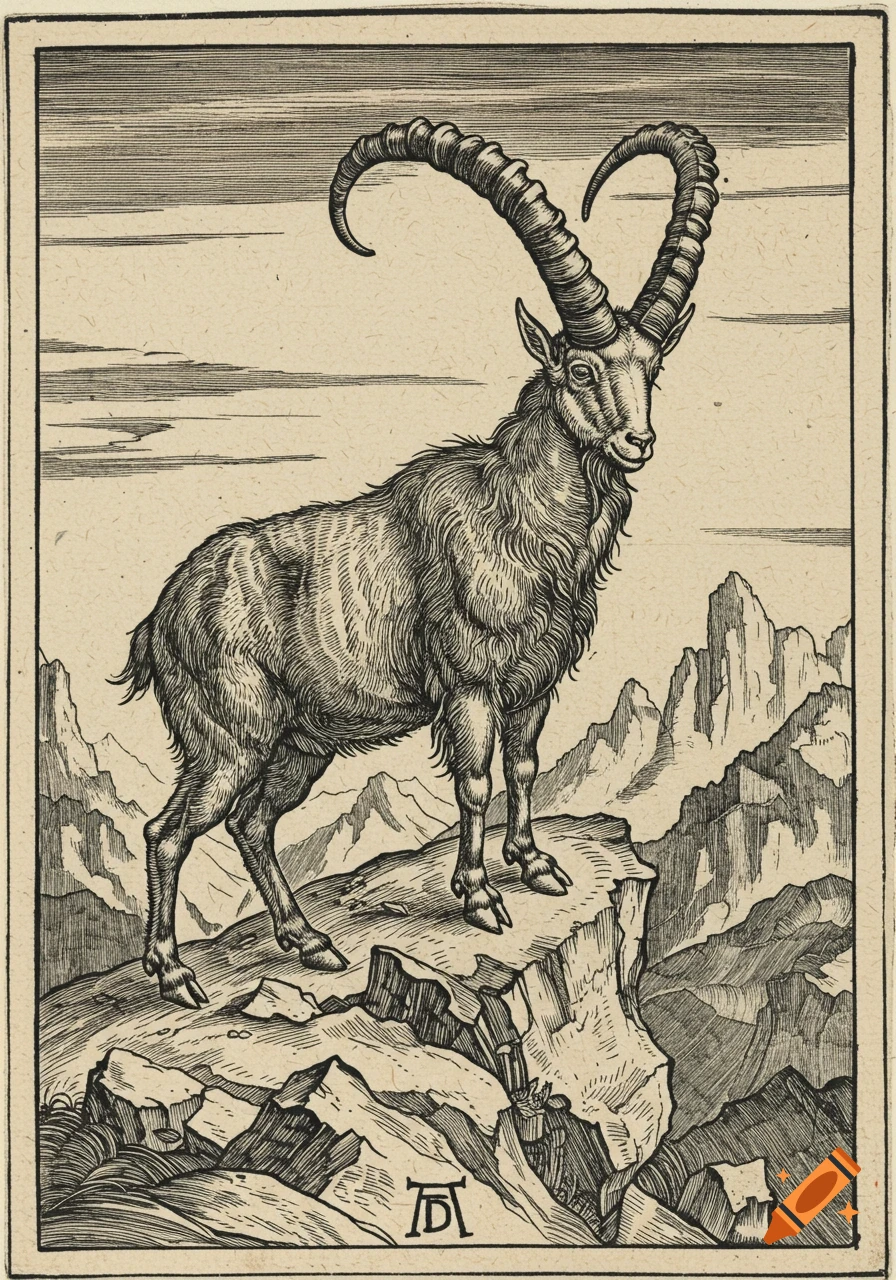 A detailed wood engraving of a mountain goat with large curved horns standing majestically on a rocky mountain peak under a cloudy sky.