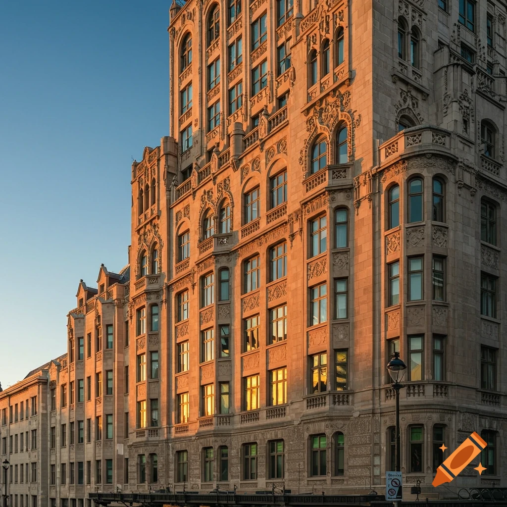 An ornate, old-fashioned stone building with many windows reflects warm sunlight under a clear blue sky.