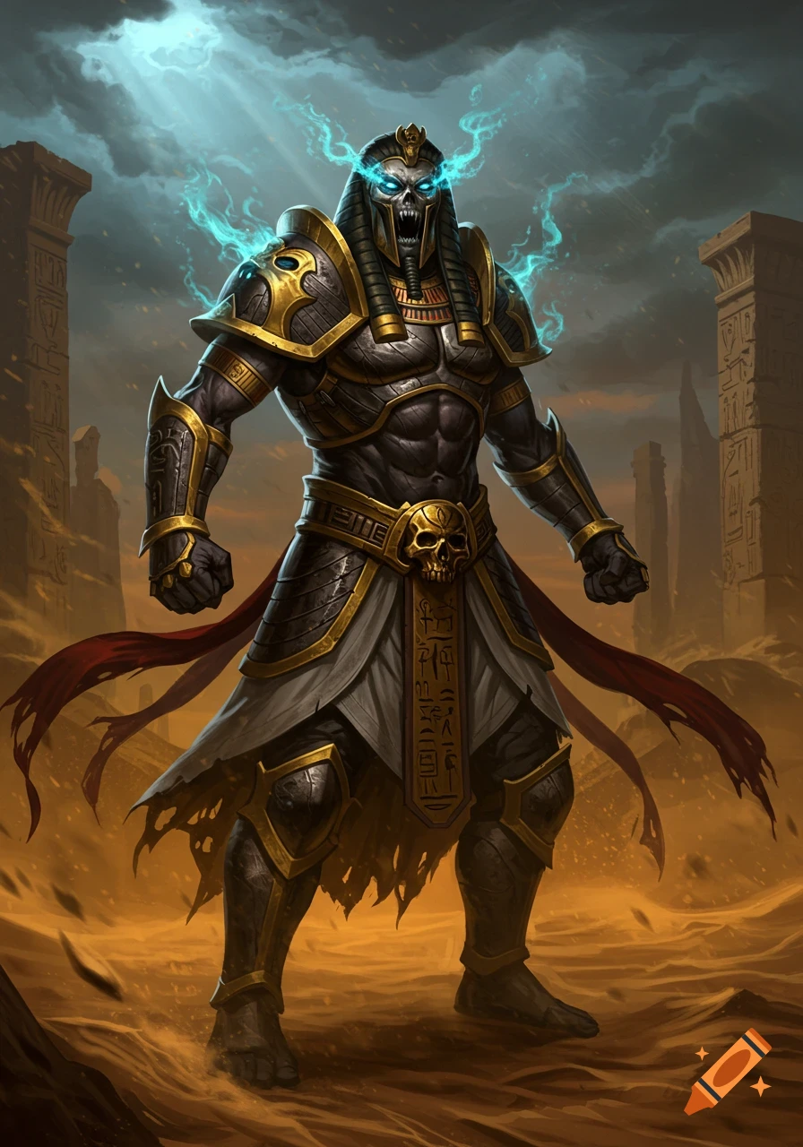 Undead ancient Egyptian deity in ornate black and gold battle armor with glowing blue eyes, in a desert of ruined pillars, fantasy art.