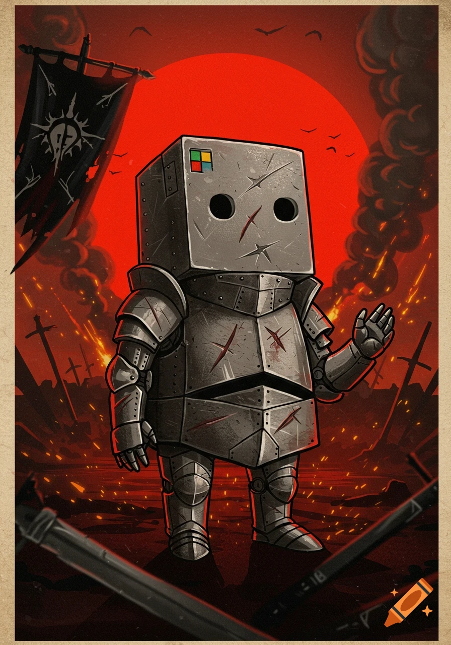 A stylized robot knight with a box head featuring a Windows logo stands in a fiery, war-torn landscape under a red sky, holding one hand up.