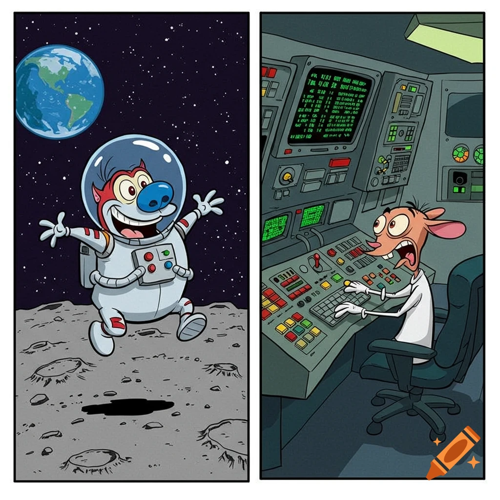 A split comic panel in Ren and Stimpy style: Stimpy in a spacesuit on the moon, and Ren at a computer console with garbled text on screens.