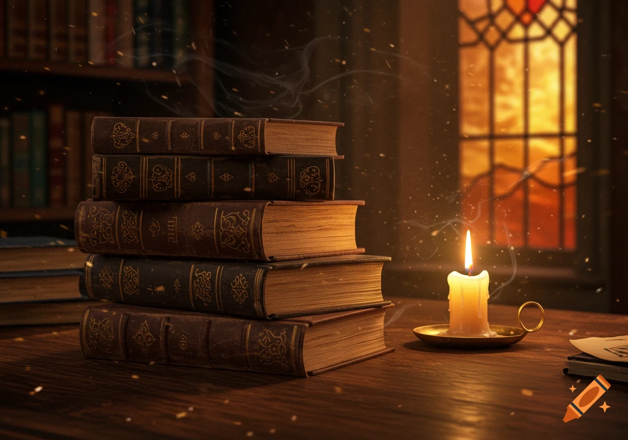 A stack of old, leather-bound books next to a burning candle on a wooden desk, with a stained-glass window in the background.
