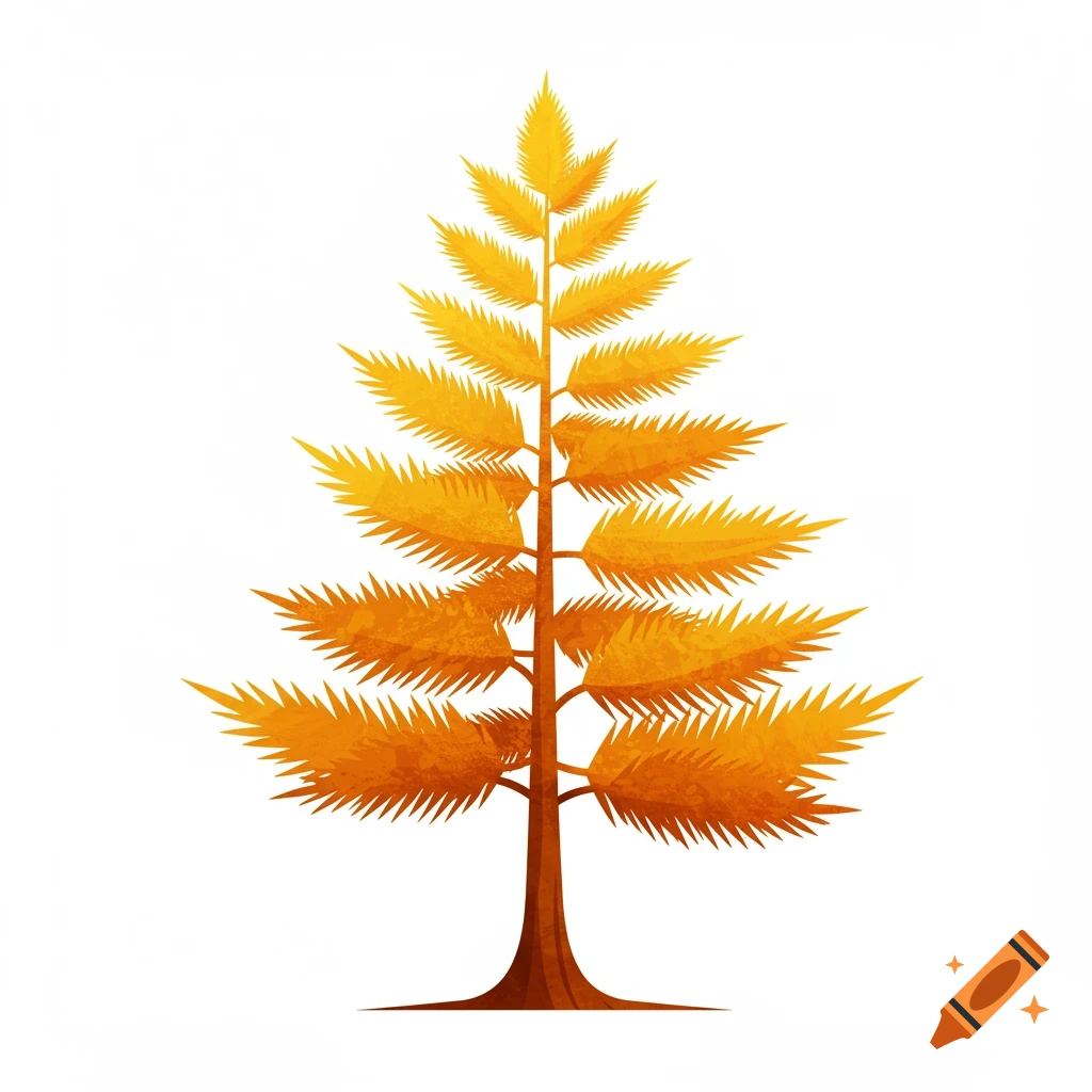 A stylized illustration of a yellow and orange evergreen tree on a white background.