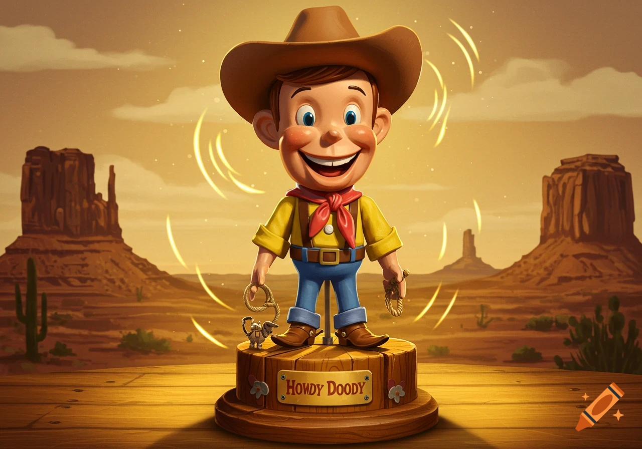 A cheerful cartoon cowboy character, Howdy Doody, as a trophy on a wooden base, set against a desert landscape.