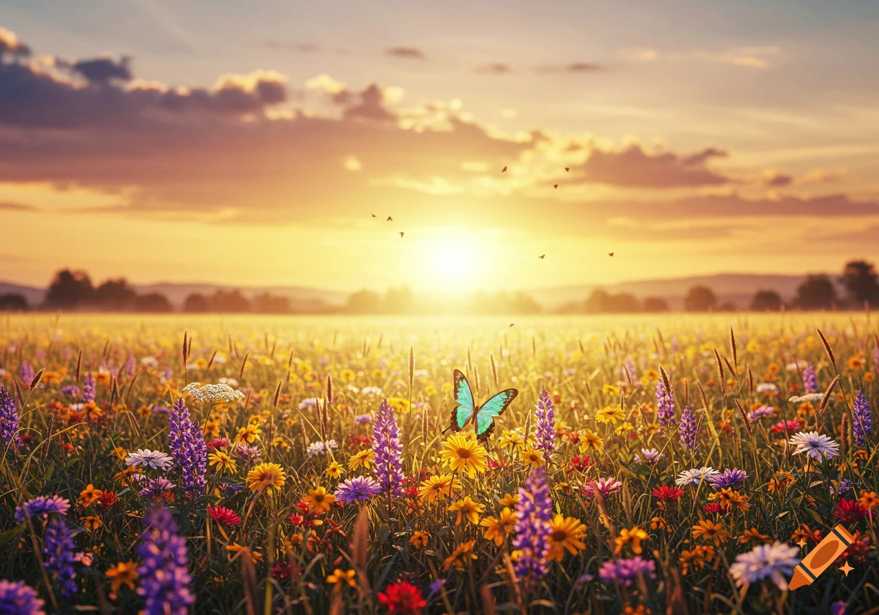 A vibrant field of colorful wildflowers with a blue butterfly, bathed in the warm light of a sunset.