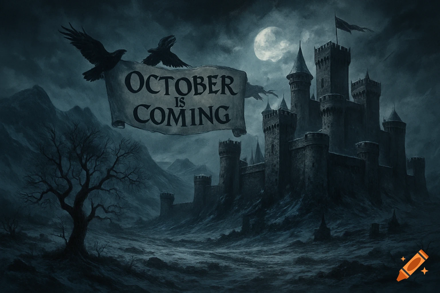 Dark fantasy illustration of a gothic castle under a full moon, with ravens holding a banner reading 'October Is Coming' above a barren landscape.