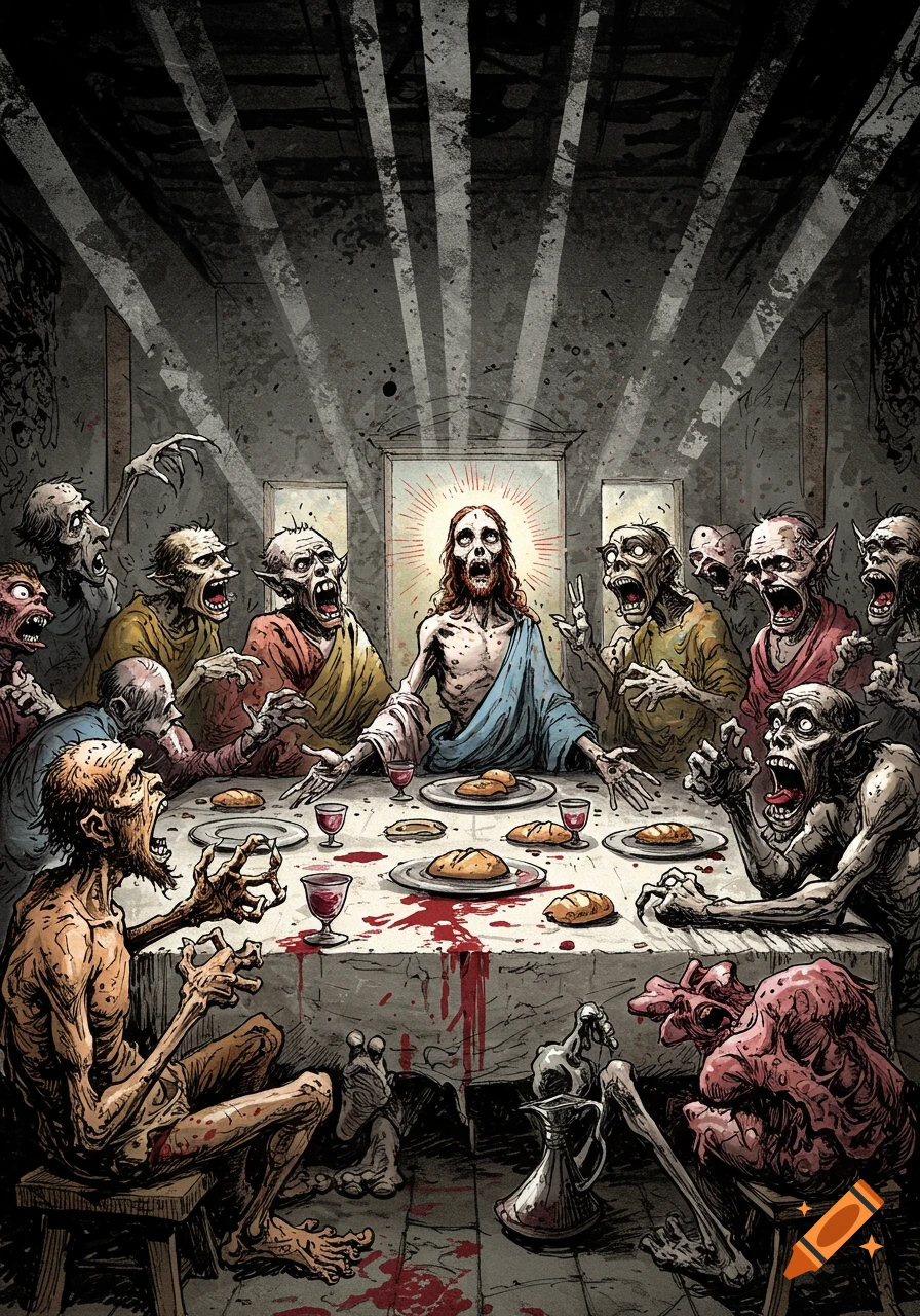 Zombie Jesus and his monstrous, howling disciples gather at a blood-splattered table in a dark, illustrated parody of The Last Supper.