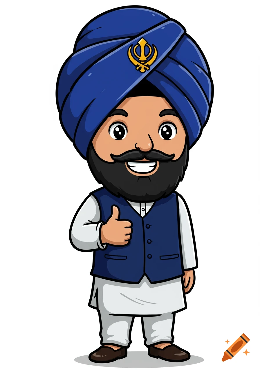 Cartoon illustration of a cheerful Sikh man in a blue turban with a golden Khanda symbol, wearing a white kurta and navy blue waistcoat, giving a thumbs-up.