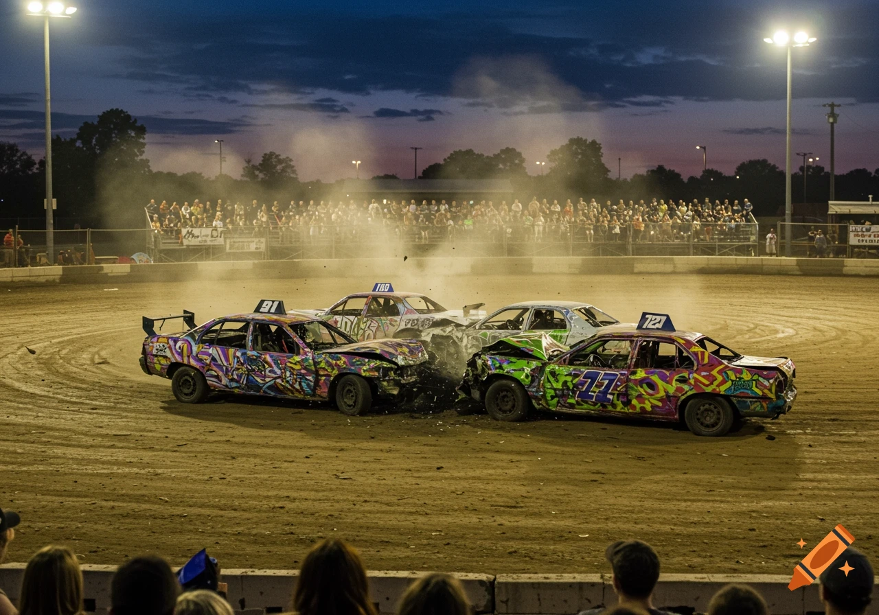 A vibrant demolition derby at dusk with several brightly painted cars colliding on a dirt track as spectators watch from stands.