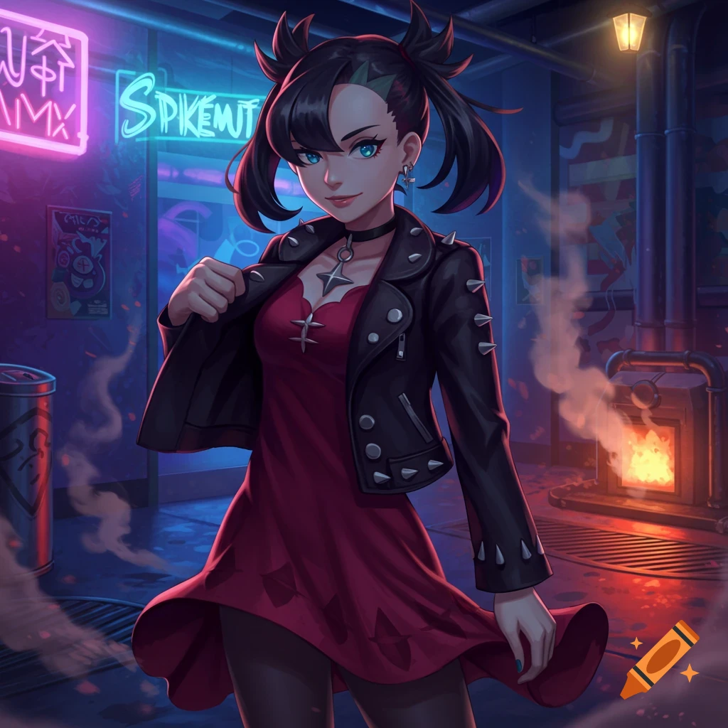 Marnie from Pokemon in a black jacket and red dress, posing in a vibrant, neon-lit urban alley.