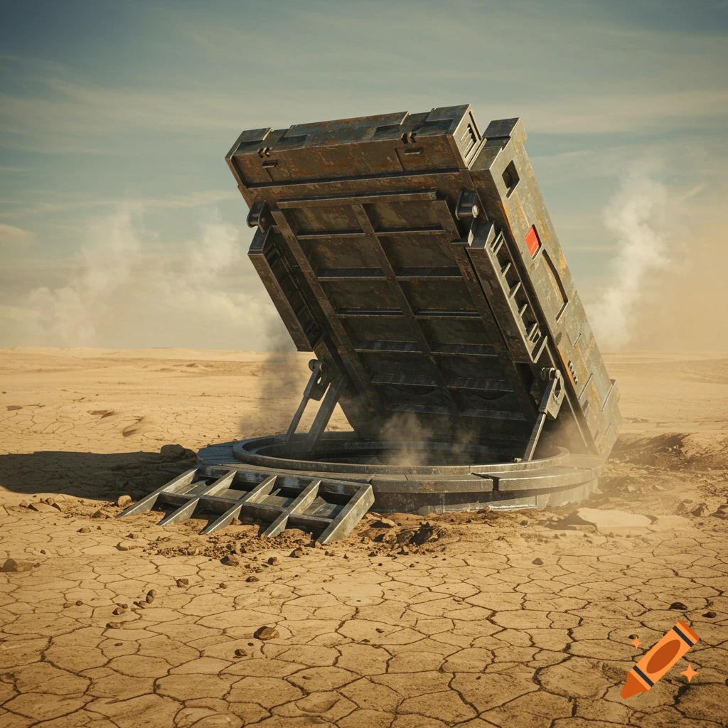 A large, weathered missile silo hatch opens from cracked desert ground, emitting smoke under a hazy sky.