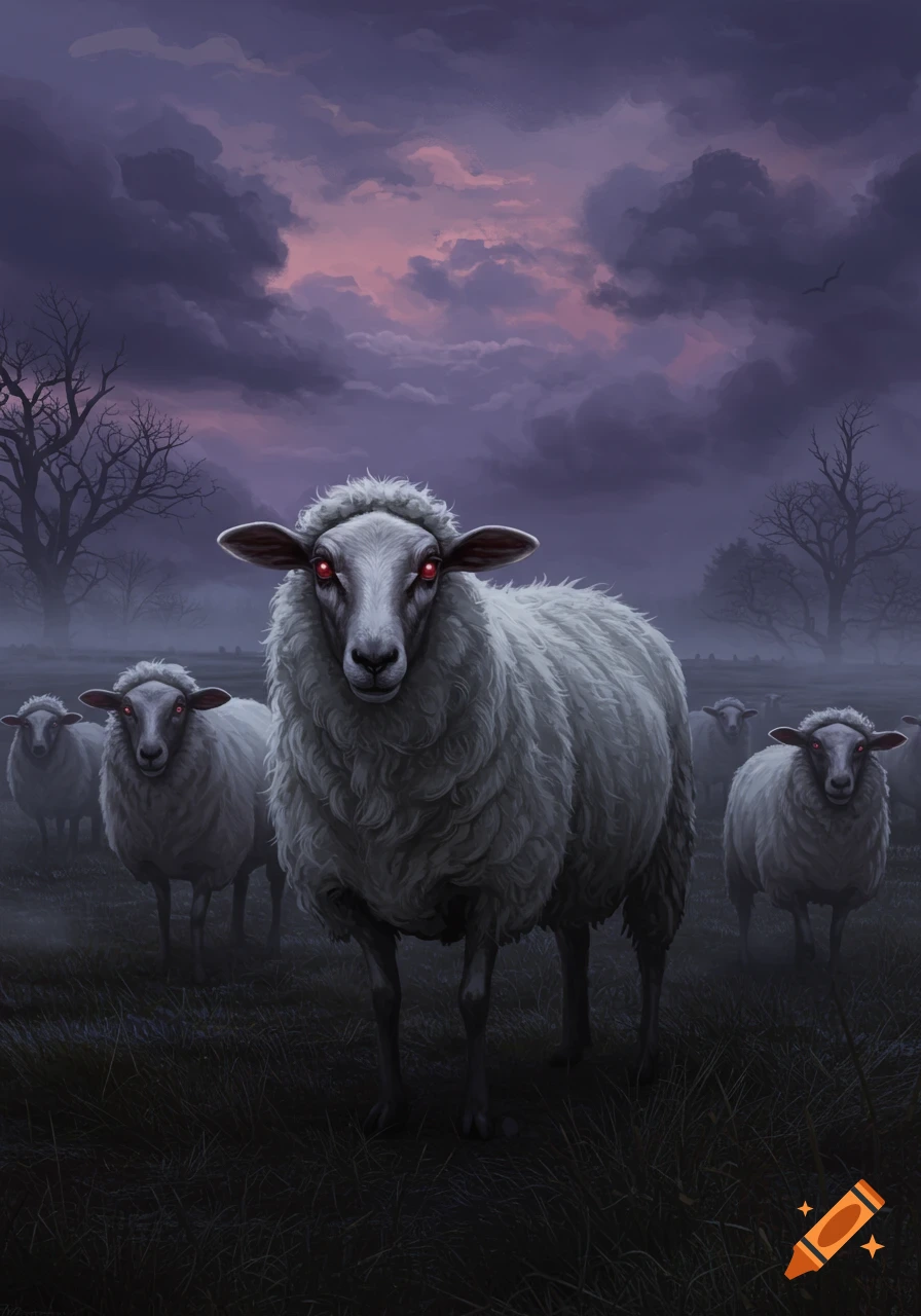 A flock of white sheep with glowing red eyes stand in a dark, foggy field under a stormy purple sky, evoking a horror aesthetic.