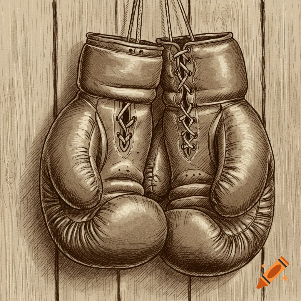 Hand-drawn vintage illustration of two boxing gloves hanging on a wooden wall.