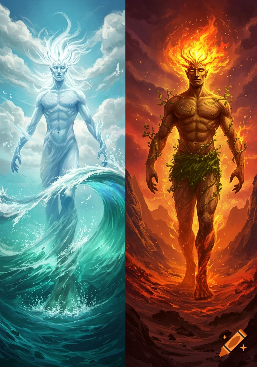 Digital painting of a water god on the left and a fire god on the right, split vertically, with elemental features.