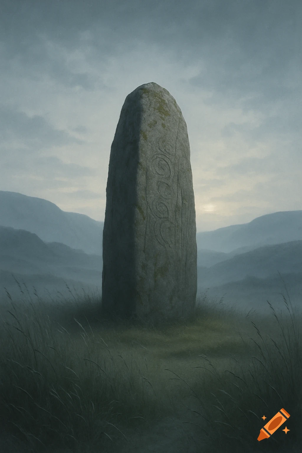 A tall, weathered stone monolith with faint carvings stands in a misty, grassy field under a cloudy sky, with distant mountains.