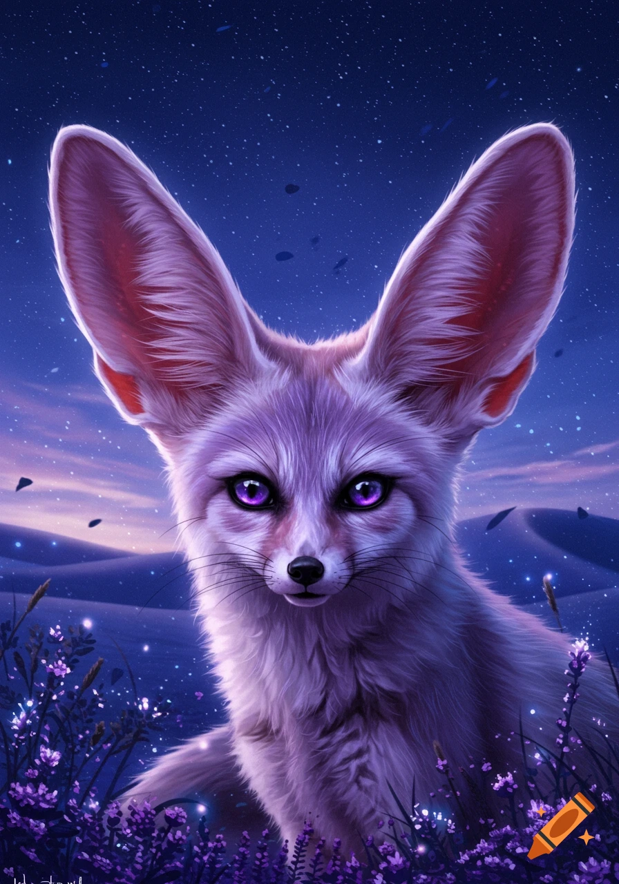 A purple fennec fox with glowing purple eyes sits among vibrant purple flowers in a starry desert night, digital art.