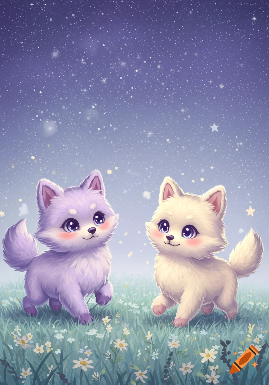 Two cute fluffy cartoon puppies, one purple and one cream, walk through a field of white flowers under a starry night sky.