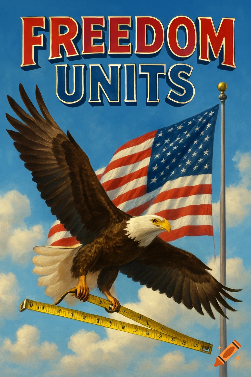A bald eagle flies across a blue sky with an American flag, carrying a measuring tape. Text reads 'FREEDOM UNITS'.