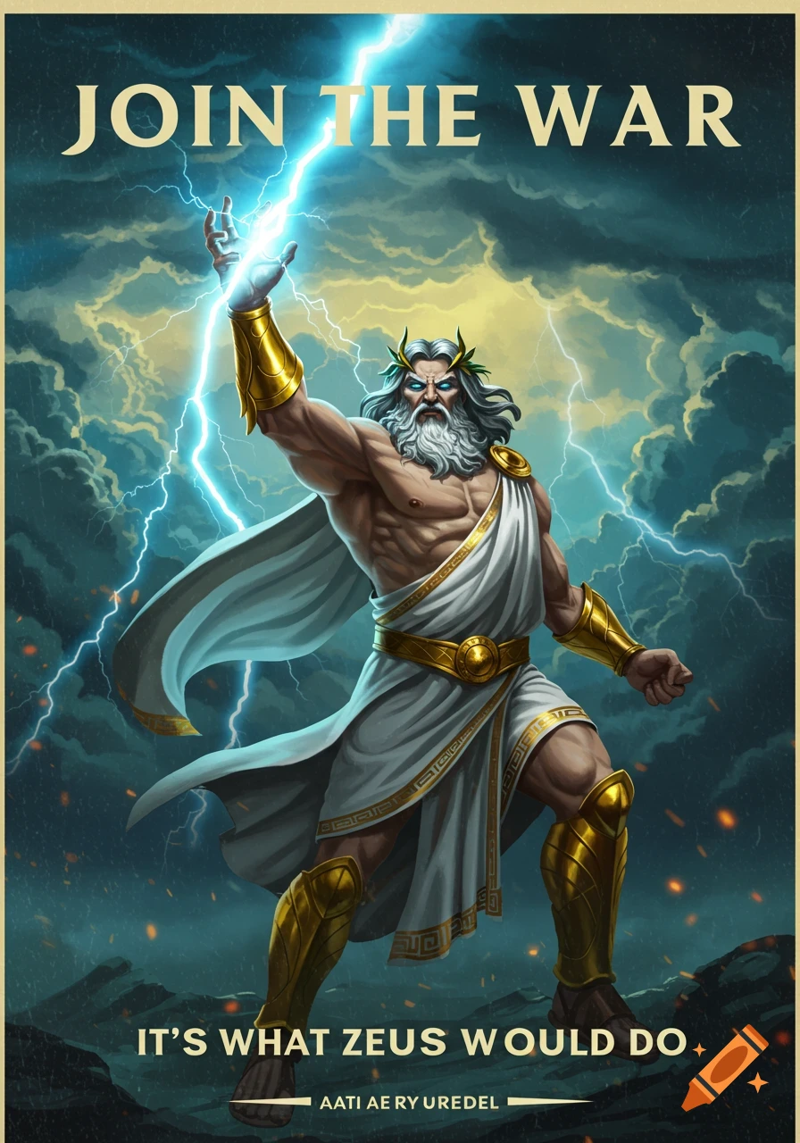 A propaganda poster featuring Zeus with a lightning bolt, text 'JOIN THE WAR' and 'IT'S WHAT ZEUS WOULD DO'.