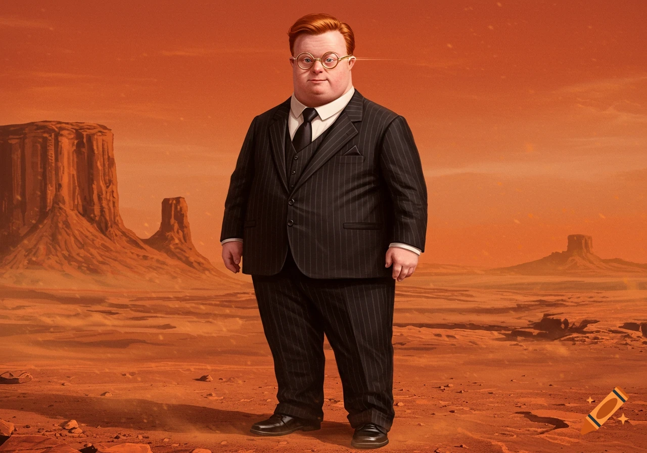 A portly man with ginger hair and glasses, wearing a pinstriped suit, stands on a red Martian desert with rock formations. Photorealistic.