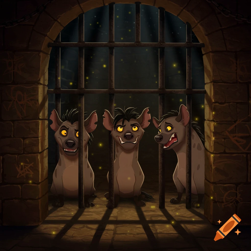 Three cartoon hyenas, Shenzi, Banzai, and Ed, look out from a dark prison cell behind metal bars.