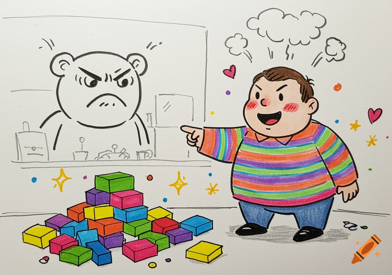 A children's crayon illustration of a joyful, chubby man pointing at colorful blocks, with an angry bear figure in the background.