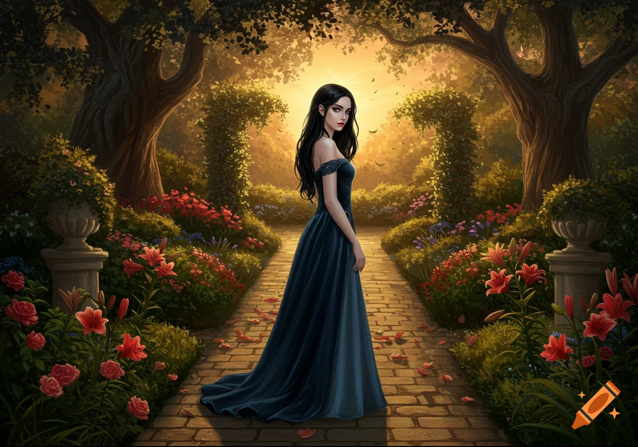 Dark-haired woman in a blue gown stands on a stone path in an enchanted garden with flowers and trees, bathed in golden light, fantasy art.