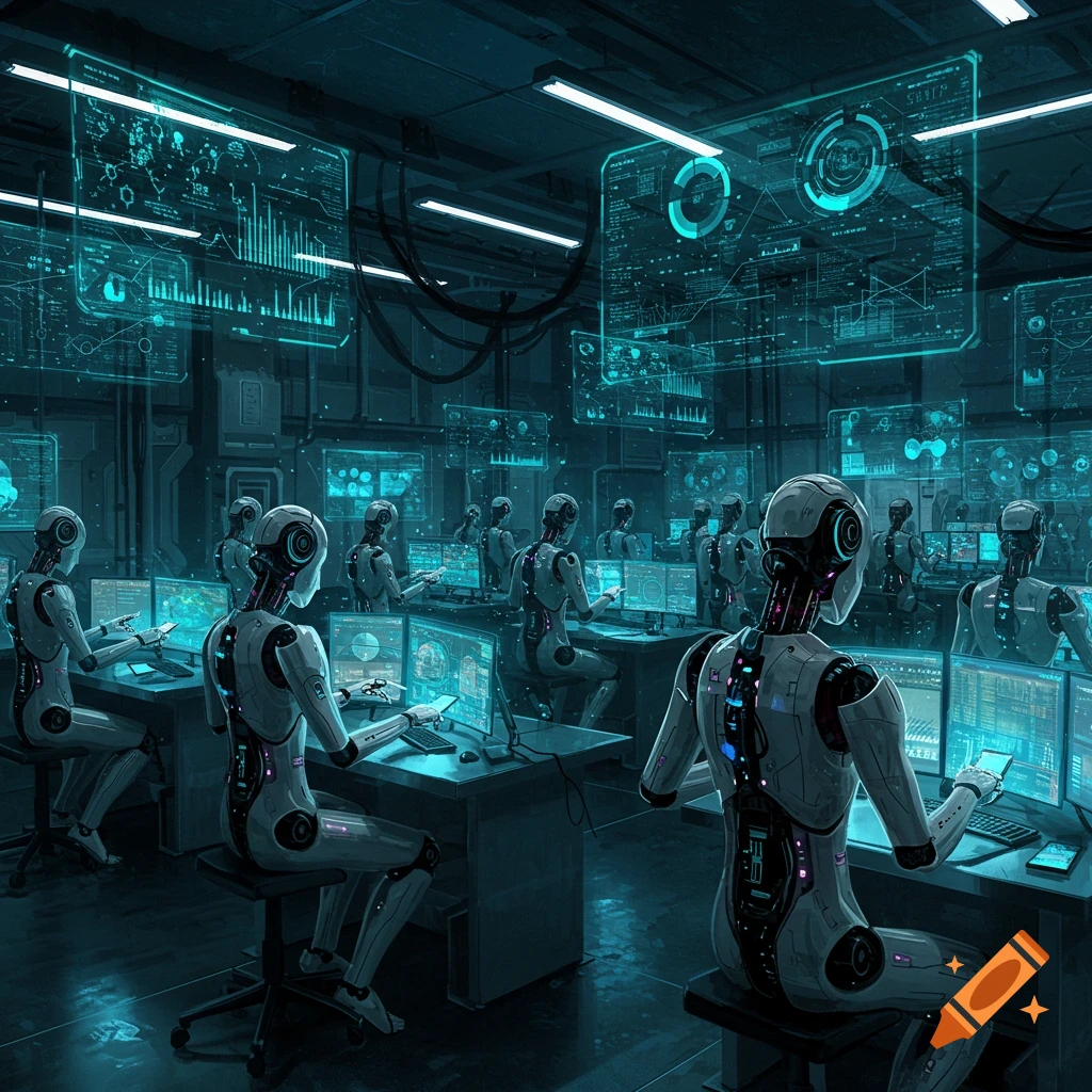 Humanoid robots work at computers and glowing holographic screens in a dark, futuristic tech lab.