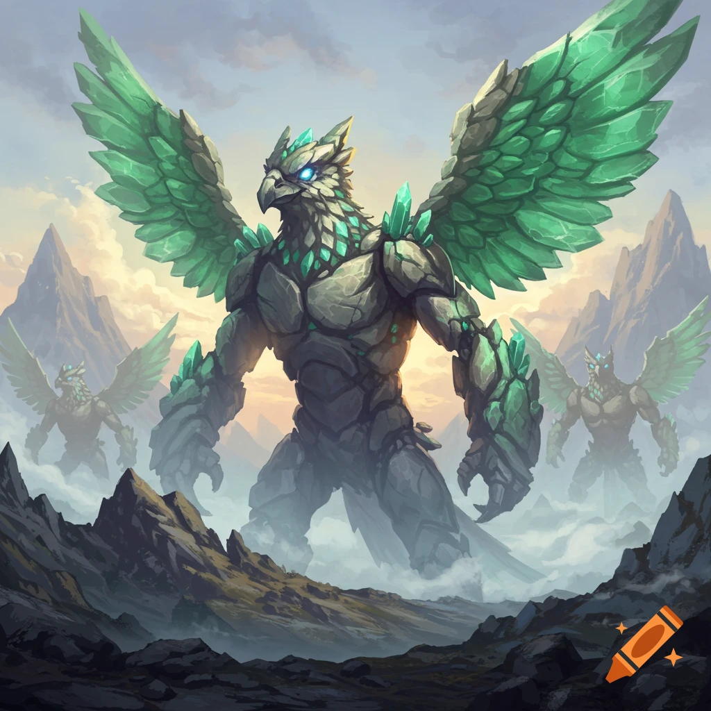 Giant rock-bird warrior with green crystal wings and glowing eyes stands in a misty mountain landscape, fantasy art style.