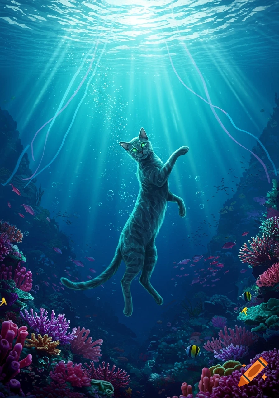 A stylized grey cat with glowing green eyes swims in a vibrant blue underwater coral reef with fish and sun rays.