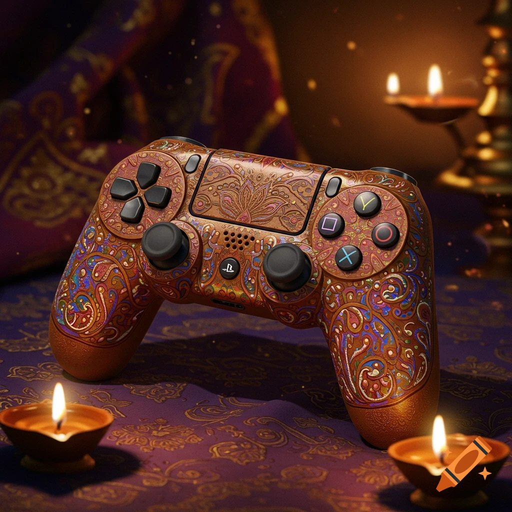 A PlayStation game controller with intricate brown and colorful Indian paisley patterns, lit by candlelight on a purple cloth.