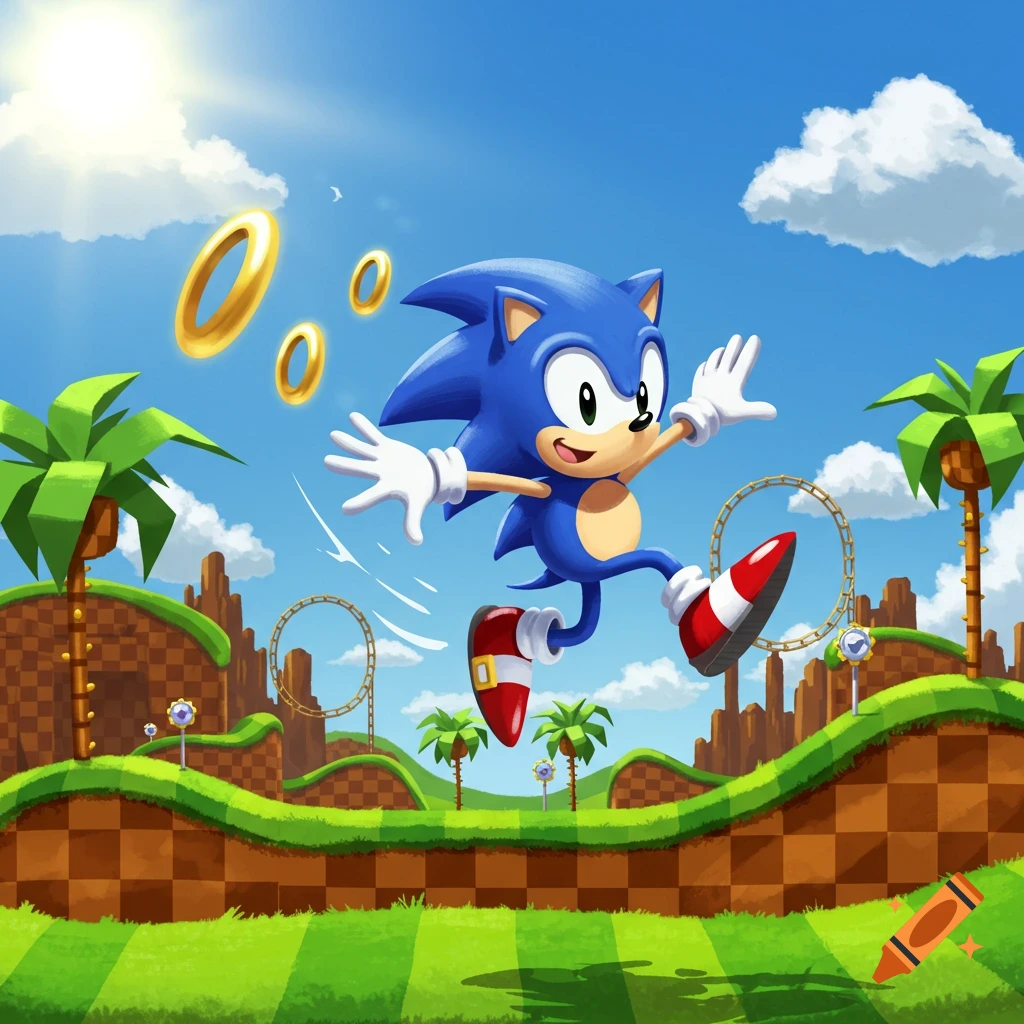Classic Sonic the Hedgehog jumps in a vibrant Green Hill Zone landscape with golden rings.