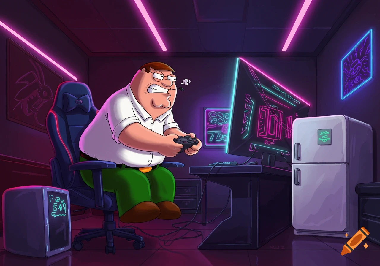 Peter Griffin angrily playing a video game in a neon-lit gaming room with a PC and mini-fridge.