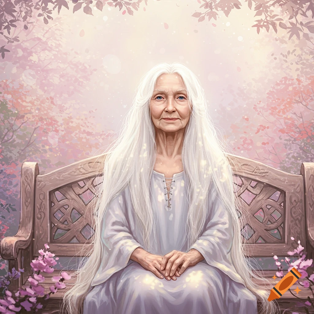 Elderly woman with long white hair sitting on a carved bench in a serene, ethereal garden with pink foliage, painterly style.