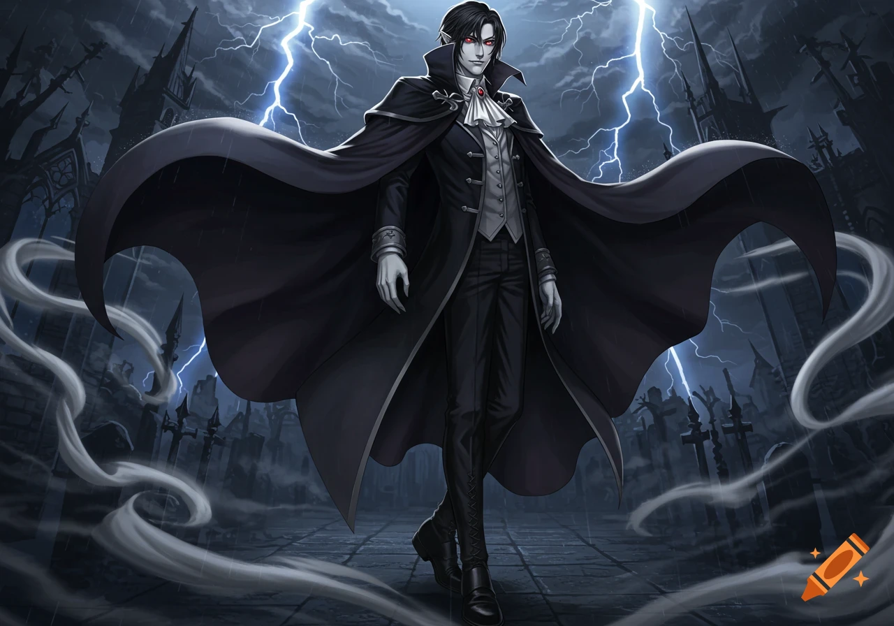 An anime male vampire in a dramatic pose, wearing a black cape and suit, standing in a gothic setting with lightning.