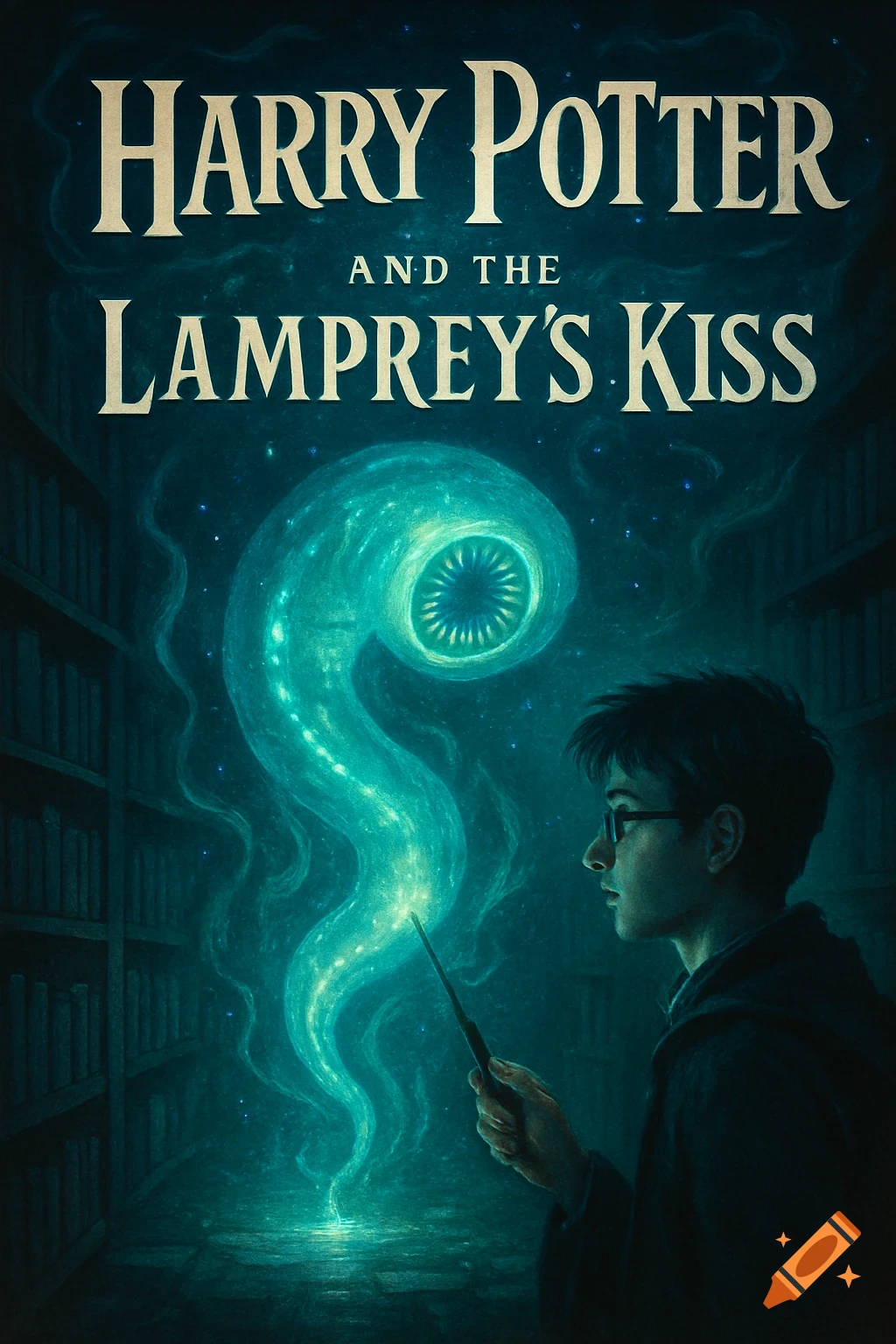 Harry Potter in a dark library casts a spell, summoning a glowing, worm-like creature with a lamprey mouth. Book cover illustration.