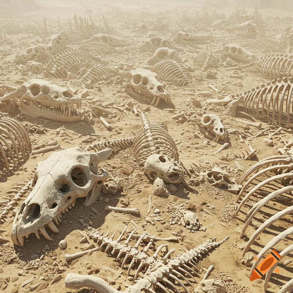 A vast desert landscape filled with numerous skeletal remains, including large animal and dragon skulls and ribcages, under a hazy sky.