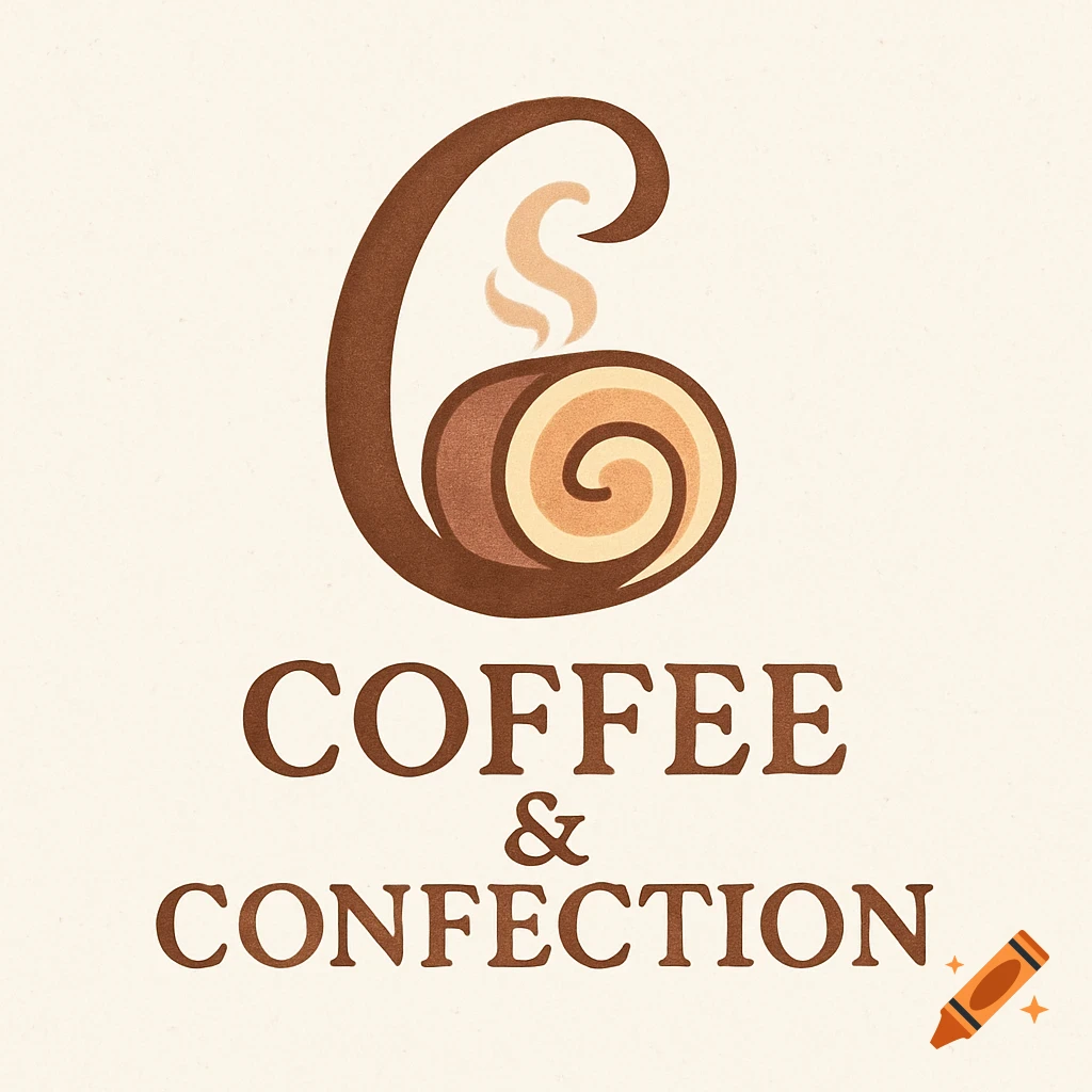 An artisanal logo for 'Coffee & Confection' with a stylized brown 'C' incorporating a beige Swiss roll and steam.