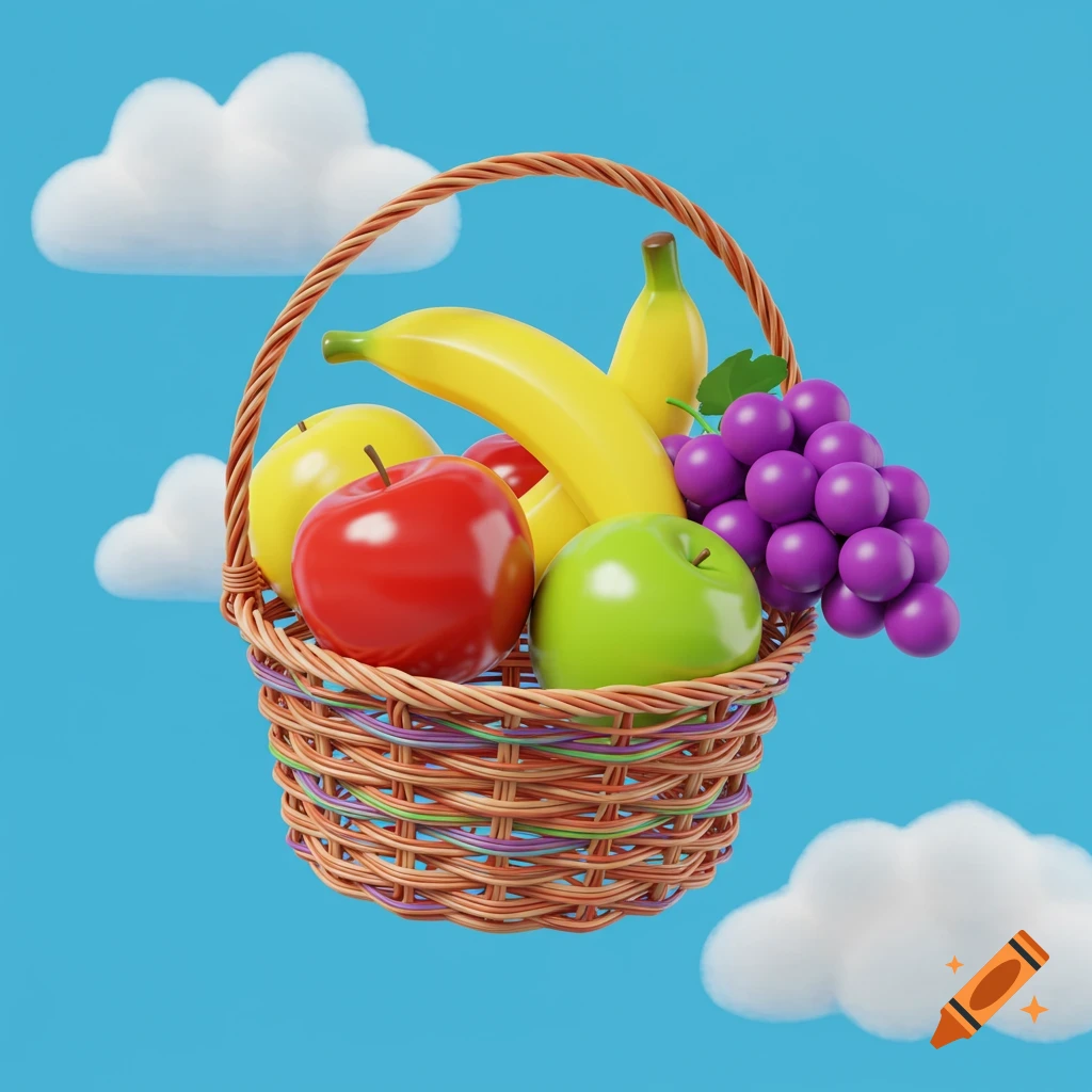 A 3D rendered cartoon wicker basket filled with red apples, green apples, bananas, and purple grapes floats in a bright blue sky with white clouds.