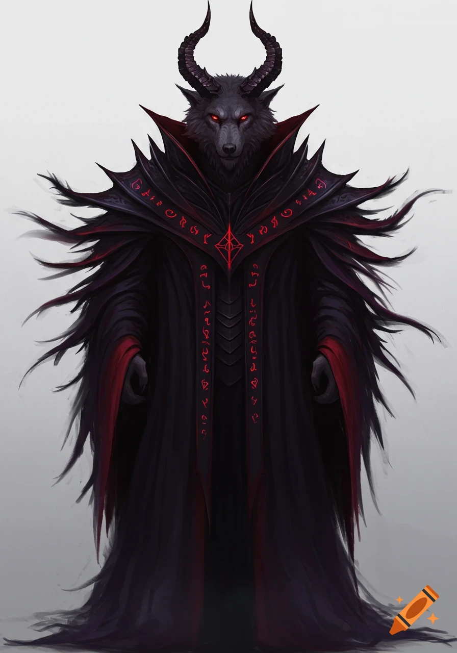 A dark warlock with a wolf head, ram horns, and glowing red eyes, dressed in a voluminous black and red robe adorned with red glowing runes, standing against a blank background.