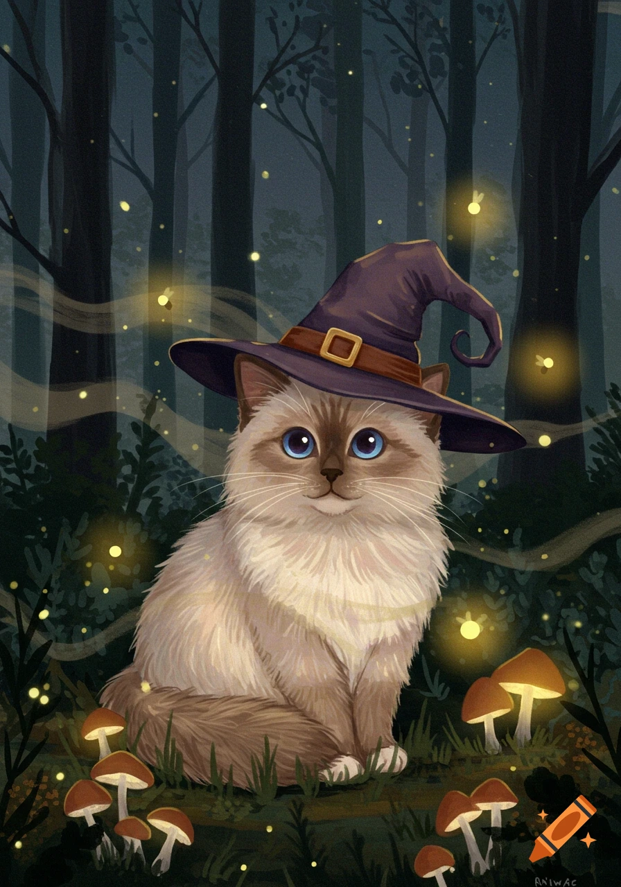 A fluffy ragdoll cat in a witch hat sits in a dark, magical forest at night with glowing fireflies and mushrooms in an acrylic painting style.