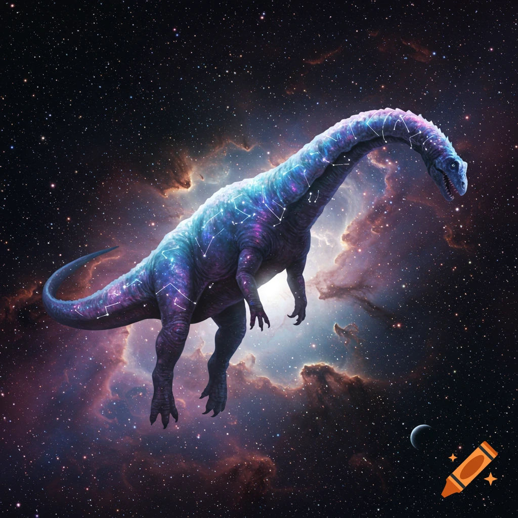 A majestic blue and purple dinosaur with constellation-like markings floats through dark starry space with colorful nebulae.